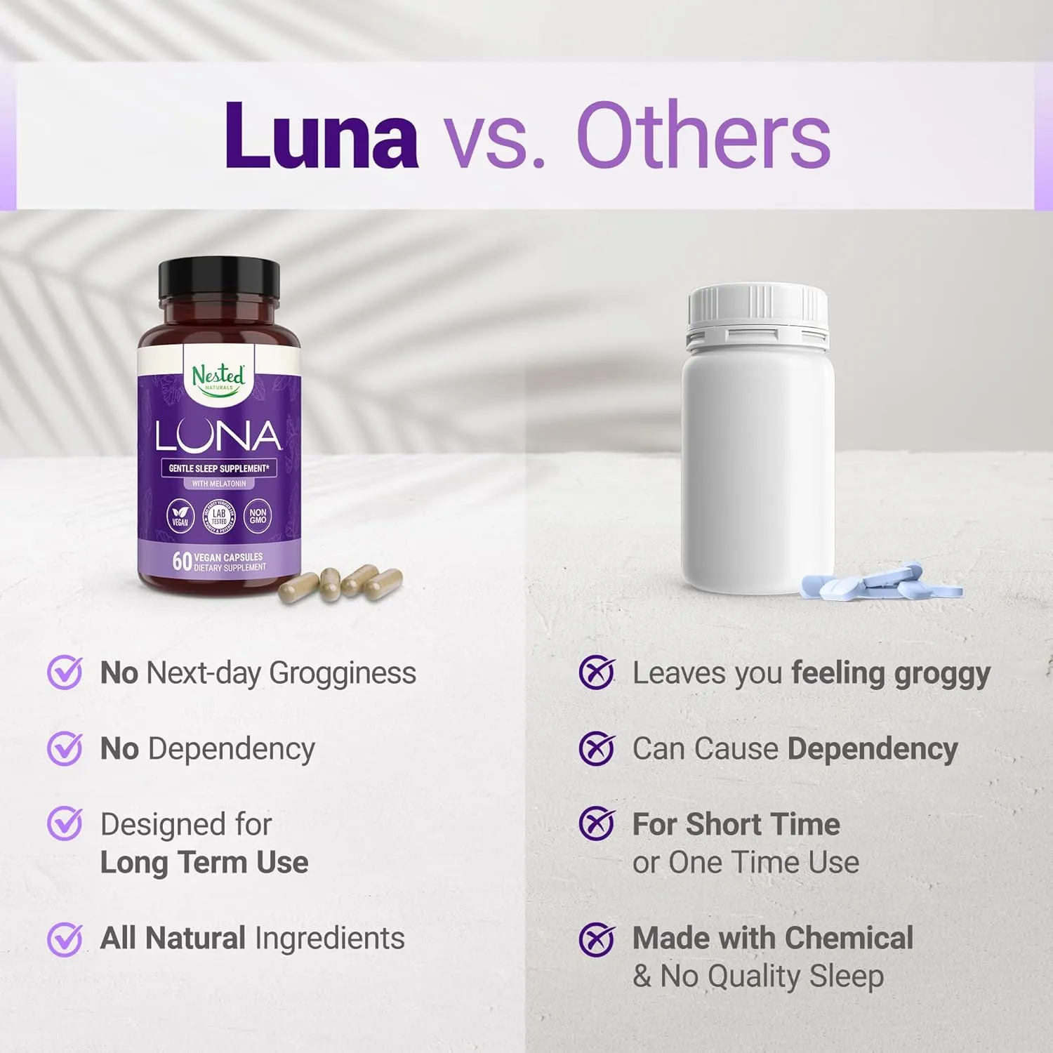 Luna Sleep Aid - Non-Habit Forming Natural Sleeping Pills for Adults with Naturally Sourced Ingredients - Valerian Root, Melatonin, Chamomile, Lemon Balm, and More - 60 Vegan Capsules