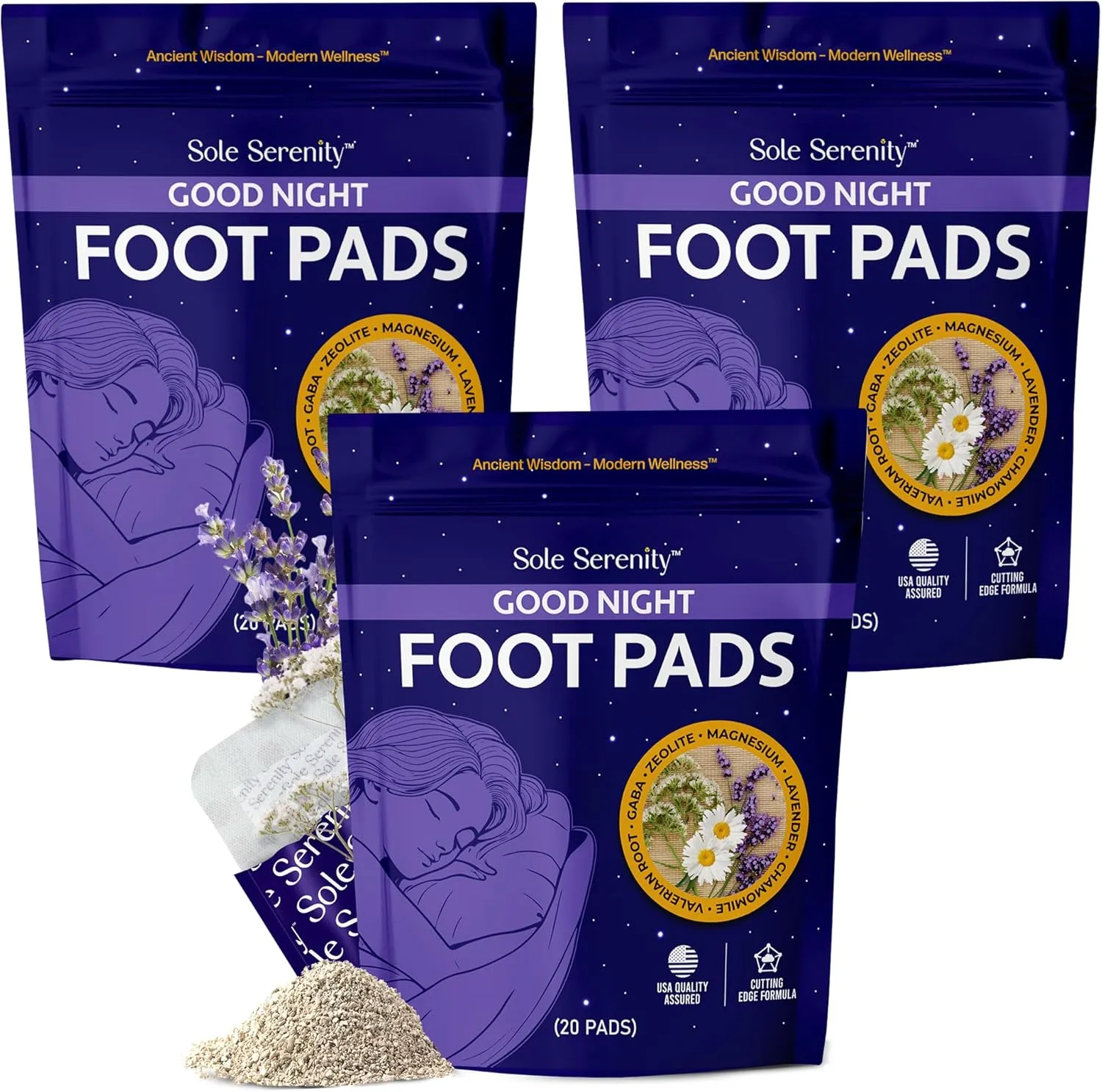 Lure Essentials Sole Serenity Good Night Foot Pads with Magnesium Glycinate, Valerian Root, Lavender (Calming) (3 Pack)