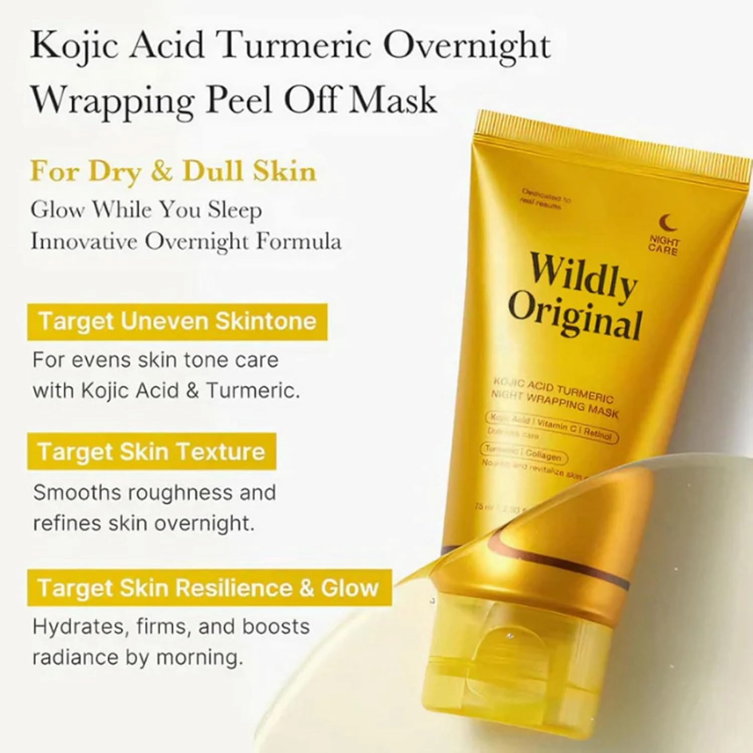 Luvelis GlowWrap Collagen Overnight Peel Off Facial Mask, Wildly Original Turmeric Kojic Acid   Collagen Night Mask, Wildly Original Face Mask, Collagen Night Lift Mask (Yellow Pink)