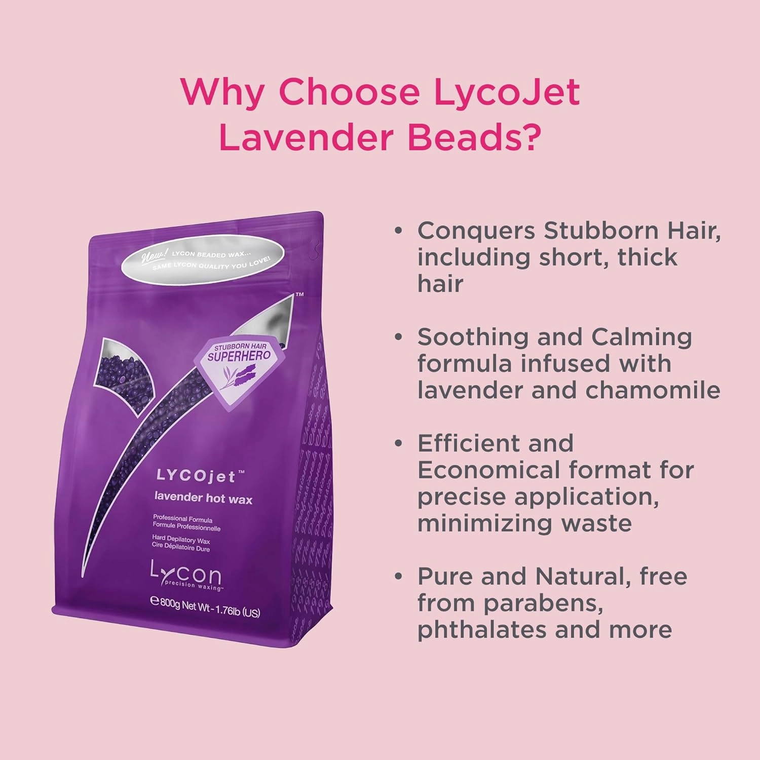 LycoJet Lavender Hard Wax Beads for Hair Removal, Effortlessly Removes Stubborn Hair with Professional-Grade Soothing Formula, Suitable for Sensitive Skin, 800g