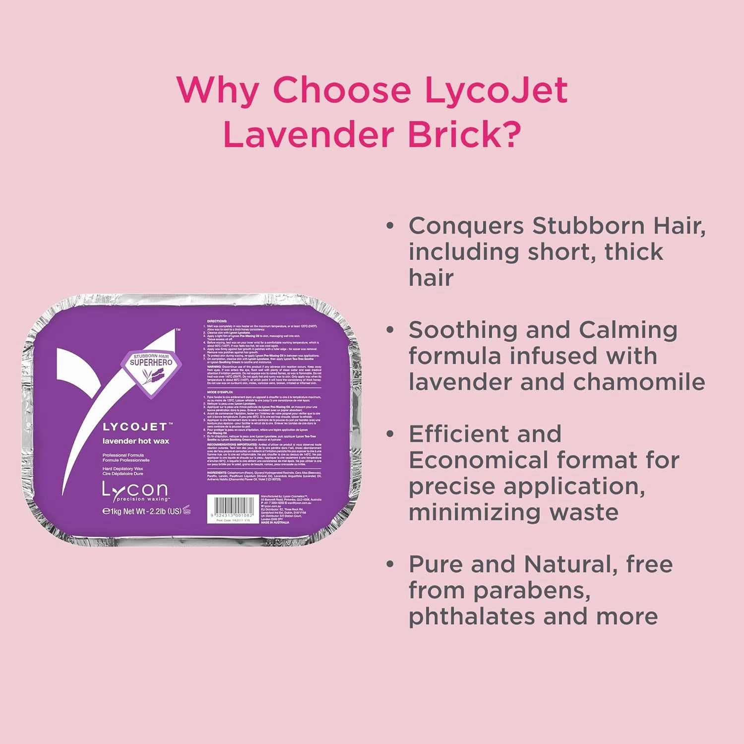 LycoJet Lavender Hard Wax Bricks for Hair Removal, Effortlessly Removes Stubborn Hair with Professional-Grade Soothing Formula, Suitable for Sensitive Skin, 1kg/ 35.3 oz