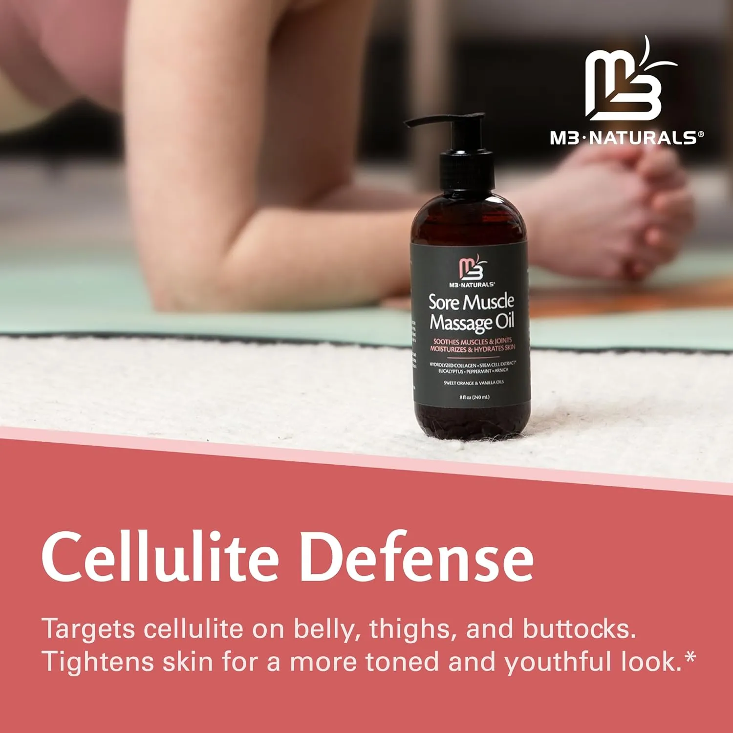 M3 Naturals Arnica Sore Muscle Massage Oil with Collagen, Stem Cells, and Menthol, Anti-Cellulite Therapy for Full Body, Fast-Absorbing Multipurpose Treatment