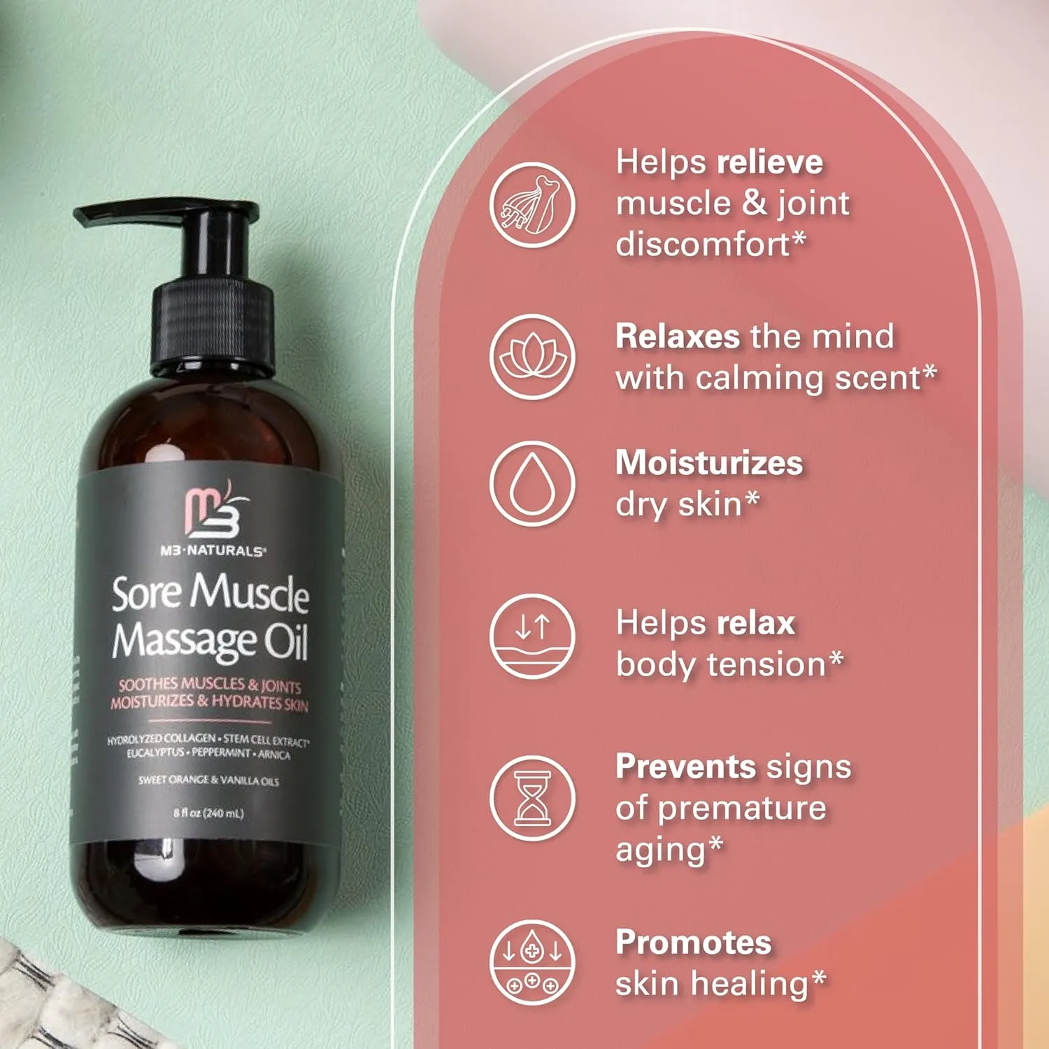 M3 Naturals Arnica Sore Muscle Massage Oil with Collagen, Stem Cells, and Menthol, Anti-Cellulite Therapy for Full Body, Fast-Absorbing Multipurpose Treatment