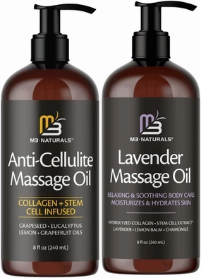 M3 Naturals Sore Muscle Anti Cellulite Massage Oil and Lavender Massage Oil Bundle