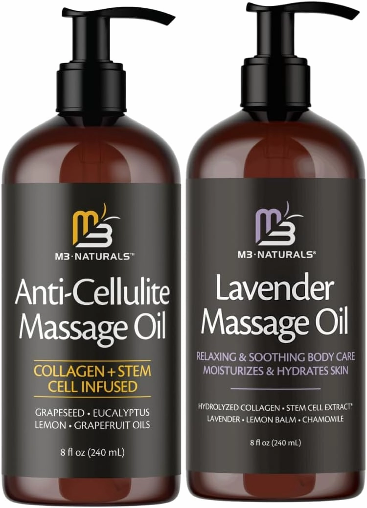 M3 Naturals Sore Muscle Anti Cellulite Massage Oil and Lavender Massage Oil Bundle