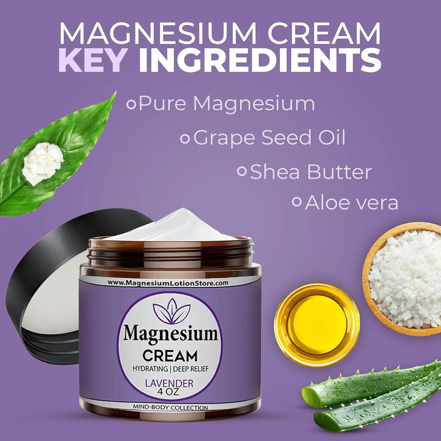 Magnesium Cream for Sleep, Kids, Muscle Soreness & Cramps Relief with Shea Butter, Coconut Oil, Aloe, Vitamin E - Topical Magnesium Cream for Calm & Relaxation - Lavender - 4fl oz - USA Made