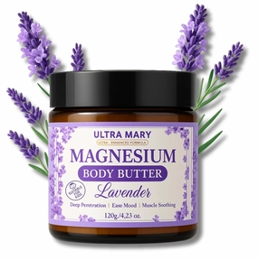 Magnesium Body Butter 4.23oz – Nighttime Lavender Cream – Natural & Vegan Lotion with Shea Butter, Jojoba Oil, Coconut Extract & Dandelion – Topical Relief for Muscle Tension – Kid-Friendly