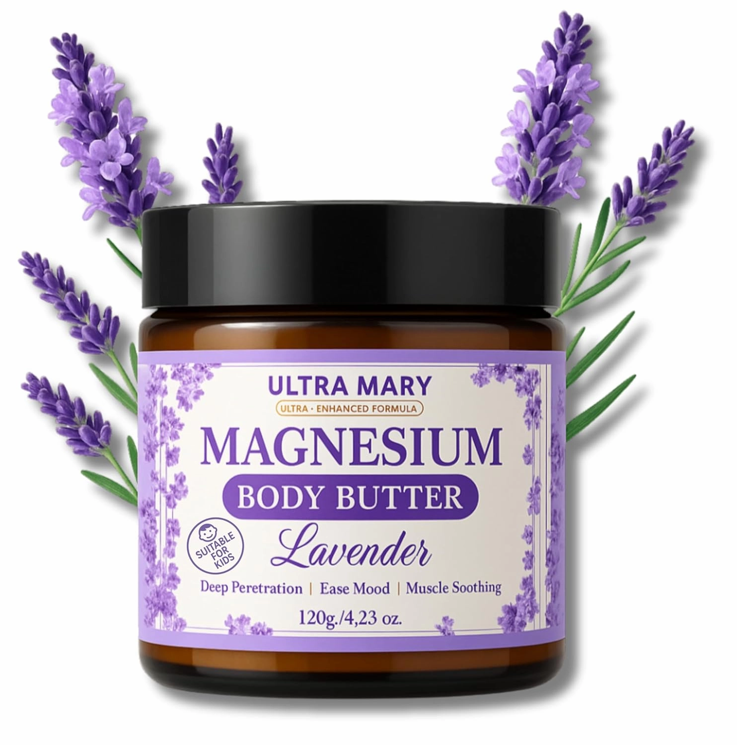 Magnesium Body Butter 4.23oz – Nighttime Lavender Cream – Natural & Vegan Lotion with Shea Butter, Jojoba Oil, Coconut Extract & Dandelion – Topical Relief for Muscle Tension – Kid-Friendly