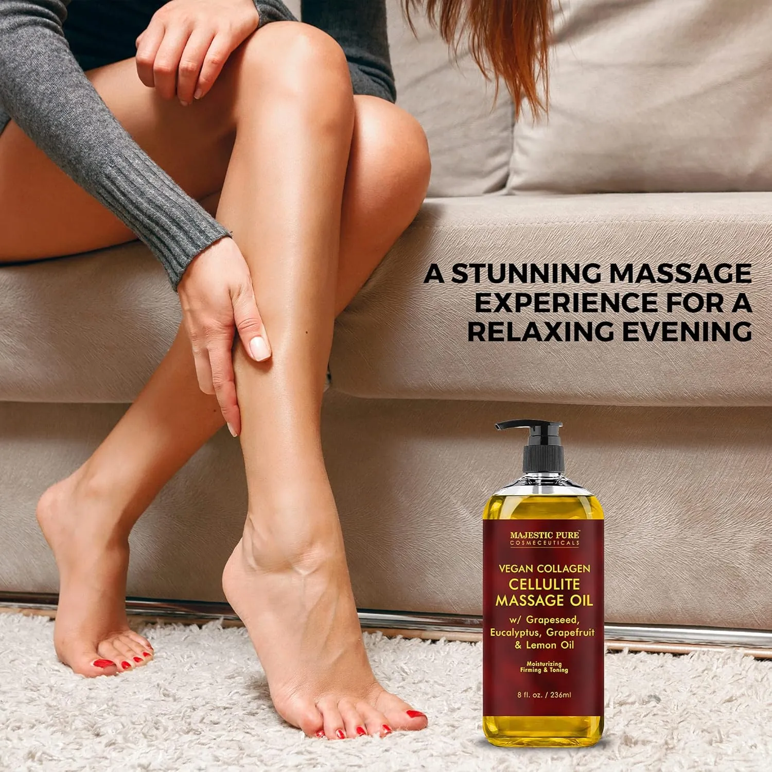 MAJESTIC PURE Cellulite Massage Oil - with Vegan Collagen & Stem Cells, Unique Blend of Massage Essential Oils - Anti Cellulite Oil Improves Skin Tightening and Firming, 2 x 8 fl oz