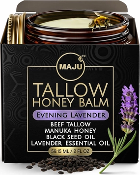 Maju Superfoods Tallow Honey Balm, Evening Lavender (2 oz), Grass Fed Beef Tallow for Skin with Organic Black Seed Oil, Manuka Honey and Organic Beeswax, Skin and Face Moisturizer for Deep Hydration