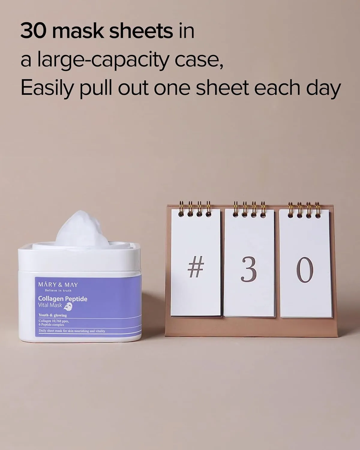 Mary&May Collagen Peptide Vital Mask - Daily Pull-Out Sheet Mask for Wrinkle Improvement, Firming, and Elasticity with Low Molecular Collagen - Korean Skincare, Hypoallergenic Formula, 30 Sheets