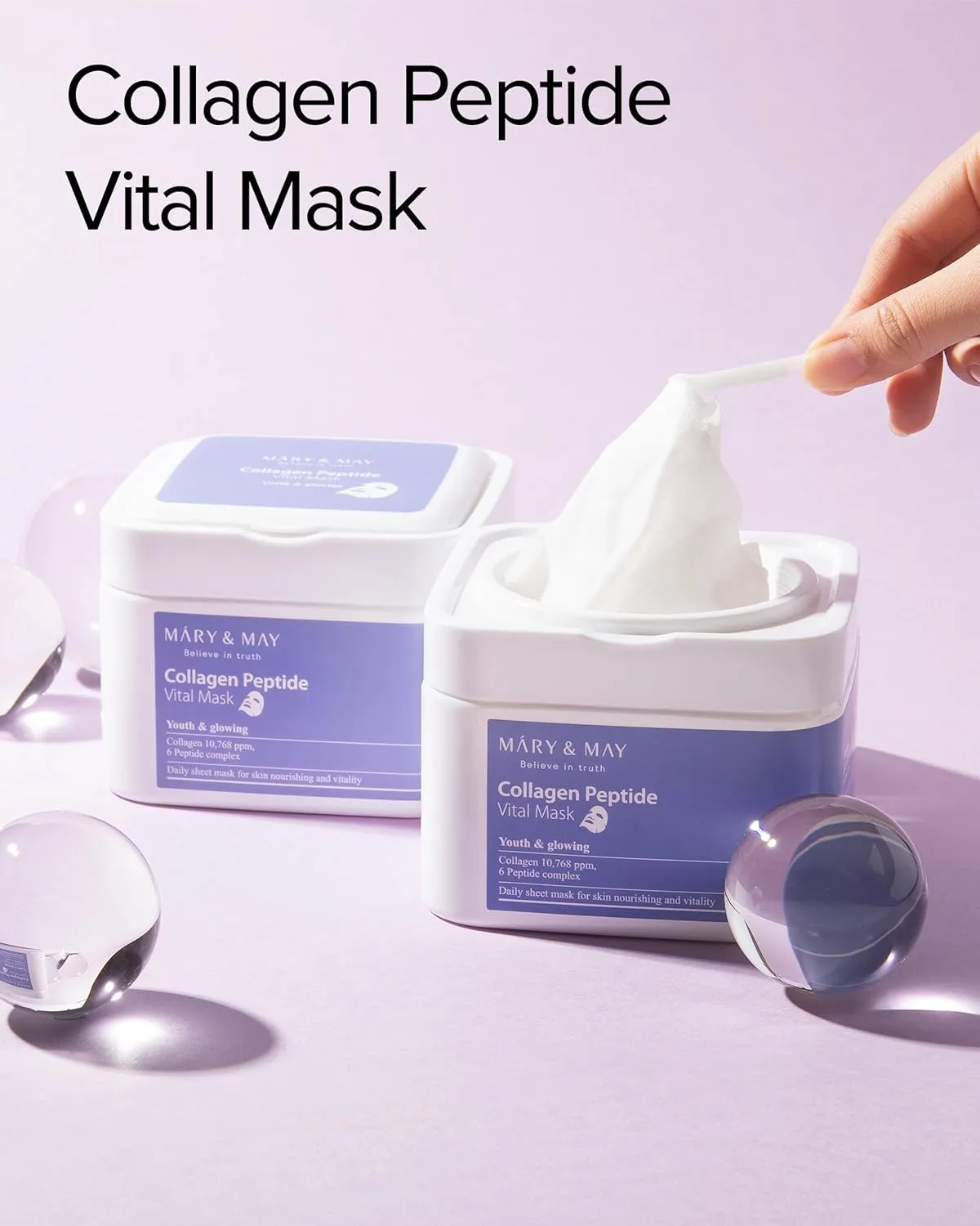 Mary&May Collagen Peptide Vital Mask - Daily Pull-Out Sheet Mask for Wrinkle Improvement, Firming, and Elasticity with Low Molecular Collagen - Korean Skincare, Hypoallergenic Formula, 30 Sheets