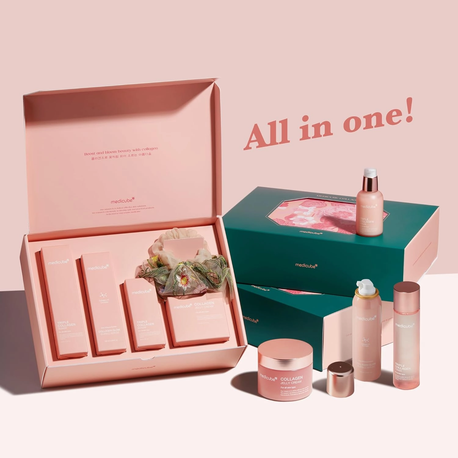 medicube Pink Collagen Skincare Set | Gifts For Women Men | Holiday Gifts | 4-Step Korean Skincare Set with Niacinamide, Collagen & Hyaluronic Acid, Full-sized Skincare Gift