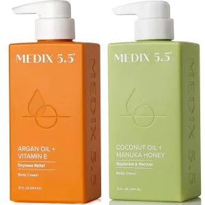 Medix 5.5 Argan Oil   Coconut Oil Skin Care Set Moisturizer Cream Body & Face Lotion | Firming Body Lotion Set Reduces Look Of Wrinkles, Cellulite, Dry Skin, & Uneven Skin Tone For Women, 2PC Bundle