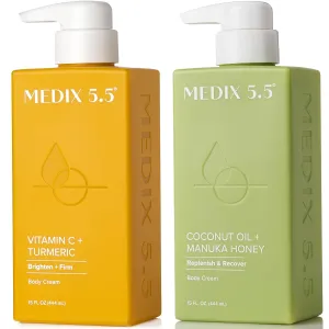 Medix 5.5 Brightening Vitamin C Lotion   Coconut Oil Moisturizer Skin Care Set | Body Cream & Face Lotion Bundle | Firming Body Lotion Set For Women, Crepey Skin Treatment, Wrinkles, Cellulite, 2PC