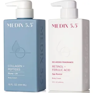 Medix 5.5 Fragrance Free Firming Retinol Body Lotion   Collagen Peptides Cream 2pc Skin Care Set, Crepey Skin Treatment, Anti Aging Body Cream & Face Moisturizer For Crepe Skin, Cellulite, Wrinkles