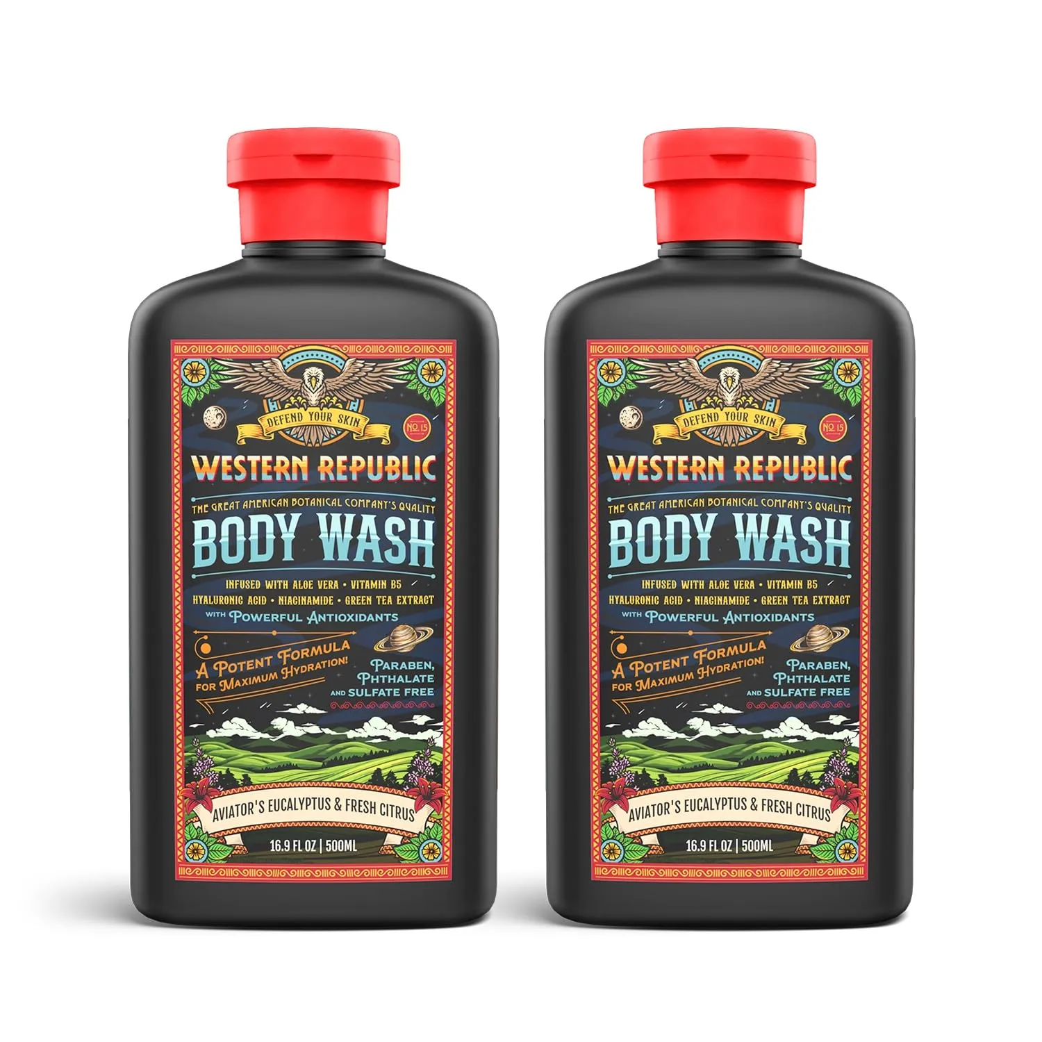 Men's Body Wash (2 Pack) | Aviator's Eucalyptus & Fresh Citrus Scent | Hydrating & Anti-Aging Formula with Aloe, Niacinamide & Hyaluronic Acid (1000ml)