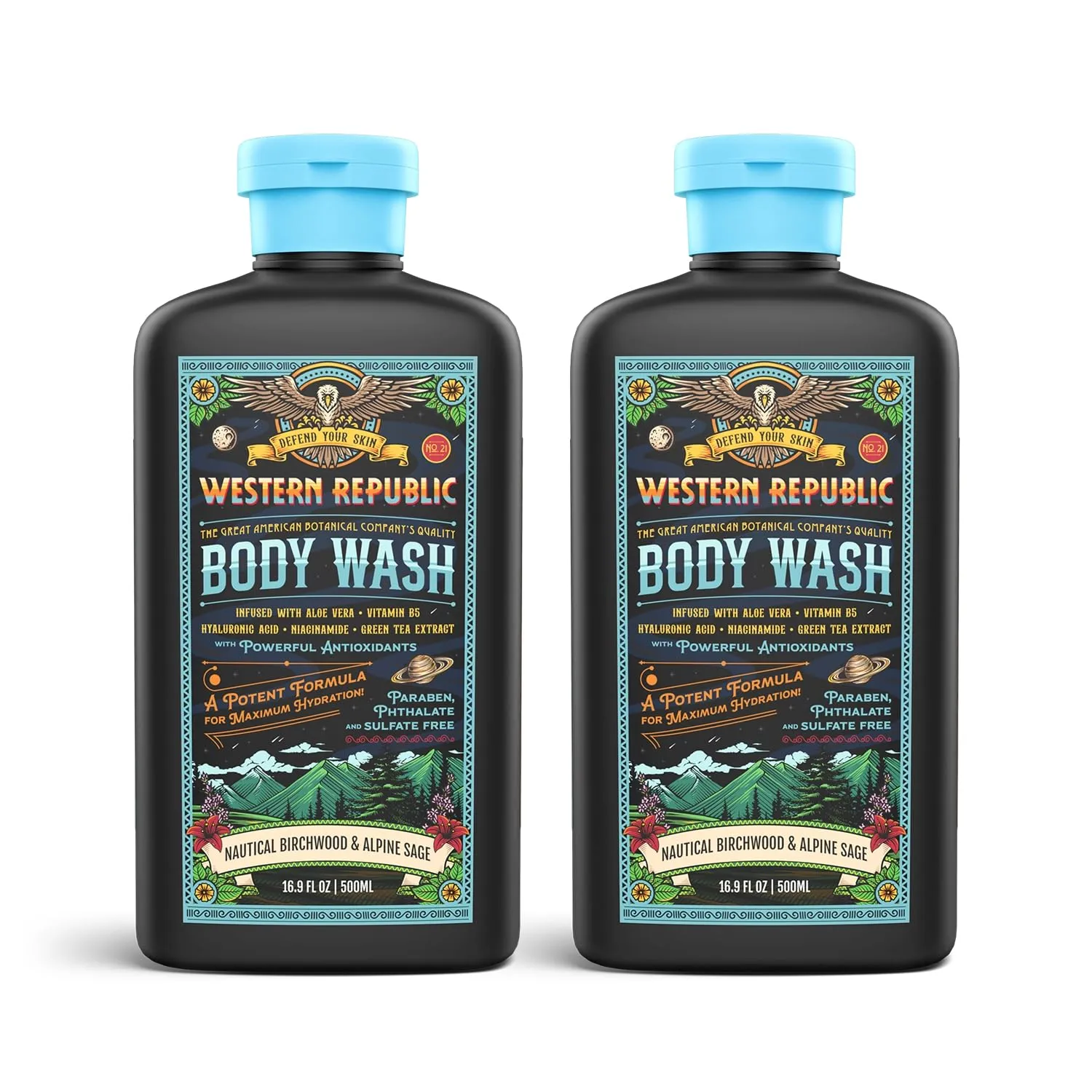 Men's Body Wash (2 Pack) | Nautical Birchwood & Alpine Sage Scent | Hydrating & Anti-Aging Formula with Aloe, Niacinamide & Hyaluronic Acid (1000ml)