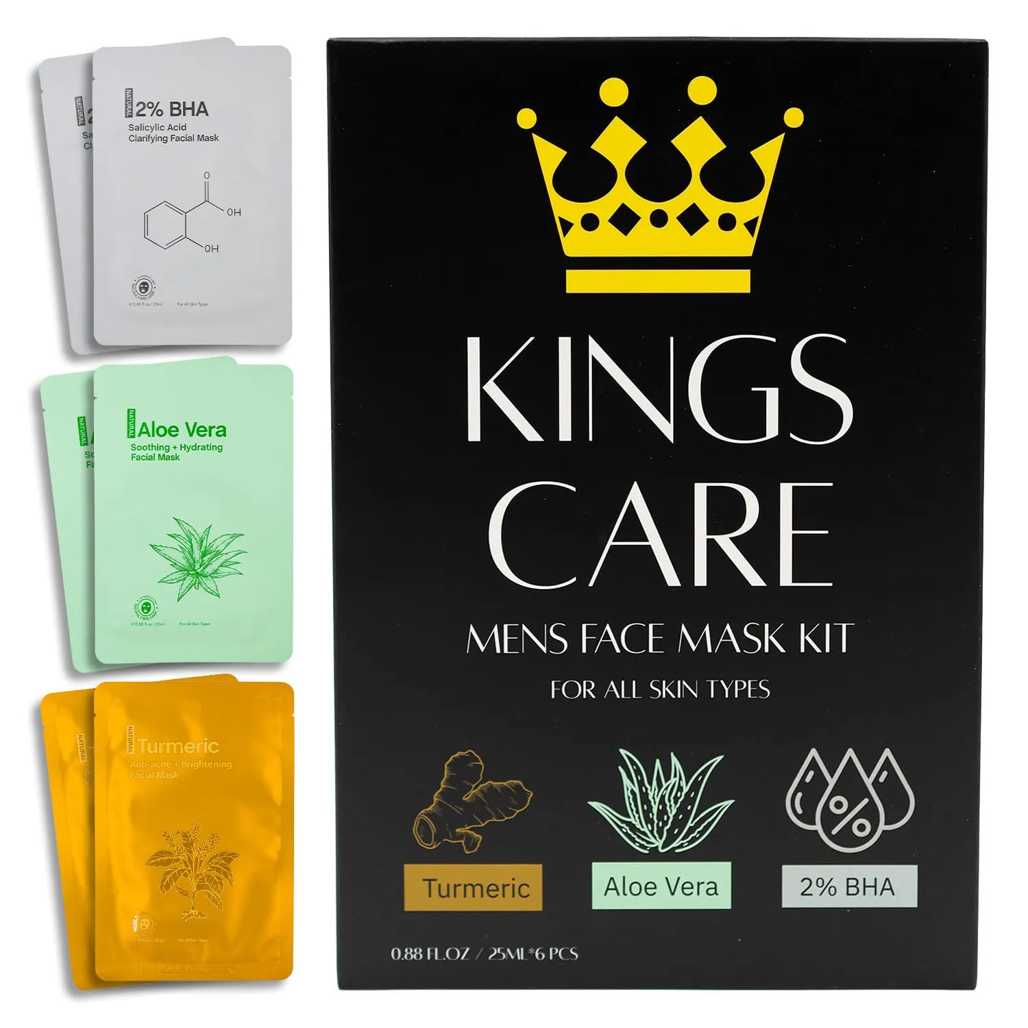 Mens Face Mask Skin Care Kit (6 Pack) - Turmeric Anti-Acne, Aloe Vera Soothing & 2% BHA Salicylic Acid Sheet Mask - Skin Care for Men Face Masks for Hydrating, Brightening & Refining Pores