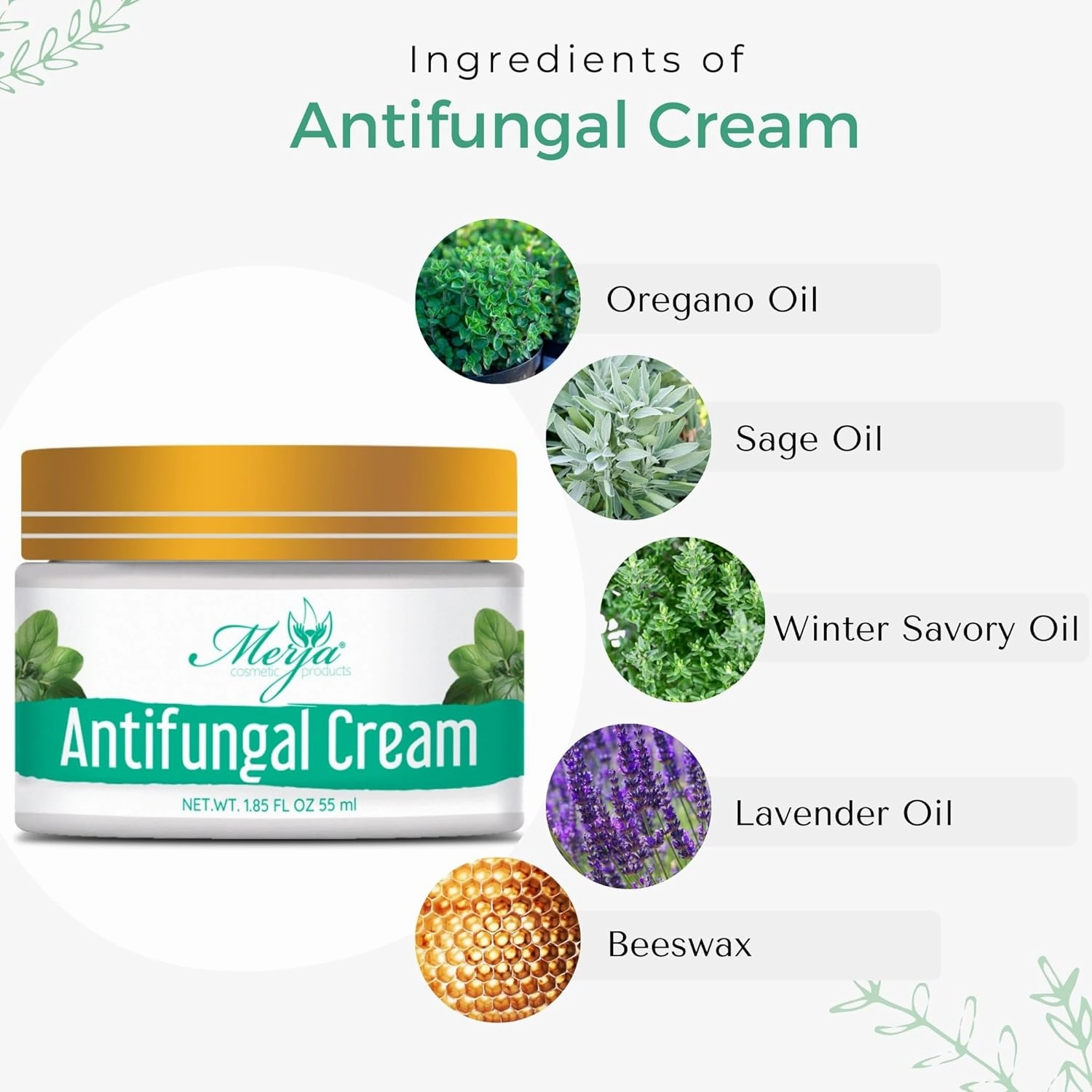 Merja Herbs Natural Antifungal Cream with Oregano, Sage and Thyme - Relaxing & Hydrating & Repair Cream - Herbal Rich Formula, Soothes Rough, Dry, Scaly Patches & Relieves Itching - 55ml 1.86oz