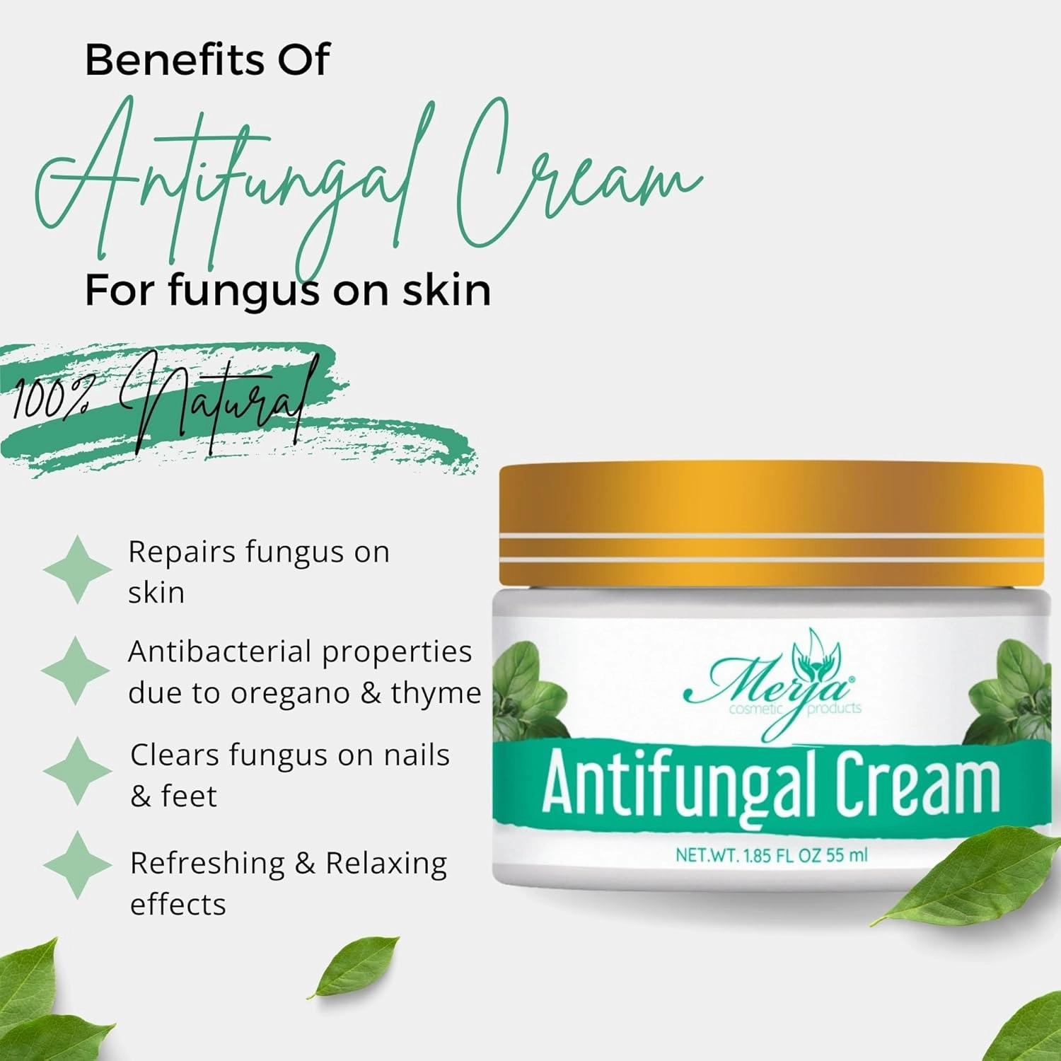 Merja Herbs Natural Antifungal Cream with Oregano, Sage and Thyme - Relaxing & Hydrating & Repair Cream - Herbal Rich Formula, Soothes Rough, Dry, Scaly Patches & Relieves Itching - 55ml 1.86oz