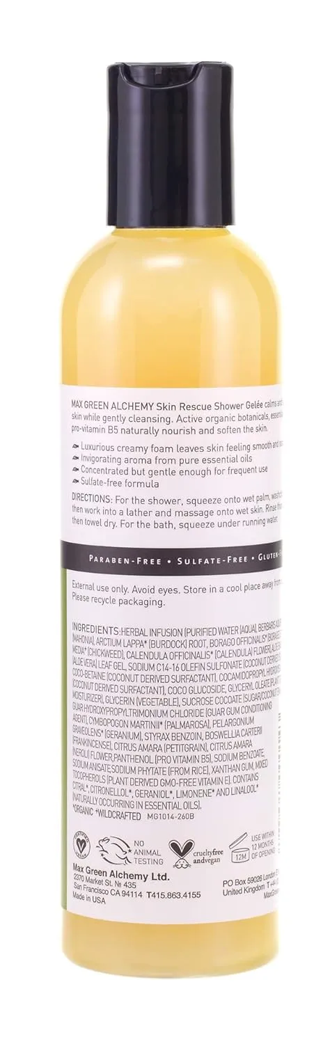 MGA Vegan Shower Gel - Rescue & Moisturizing Body Wash for Skin Care | Natural & Organic Formula with Essential Oils & Skin Friendly pH | Sulfate free Moisturizing Body Wash | 8.8 Fl Oz