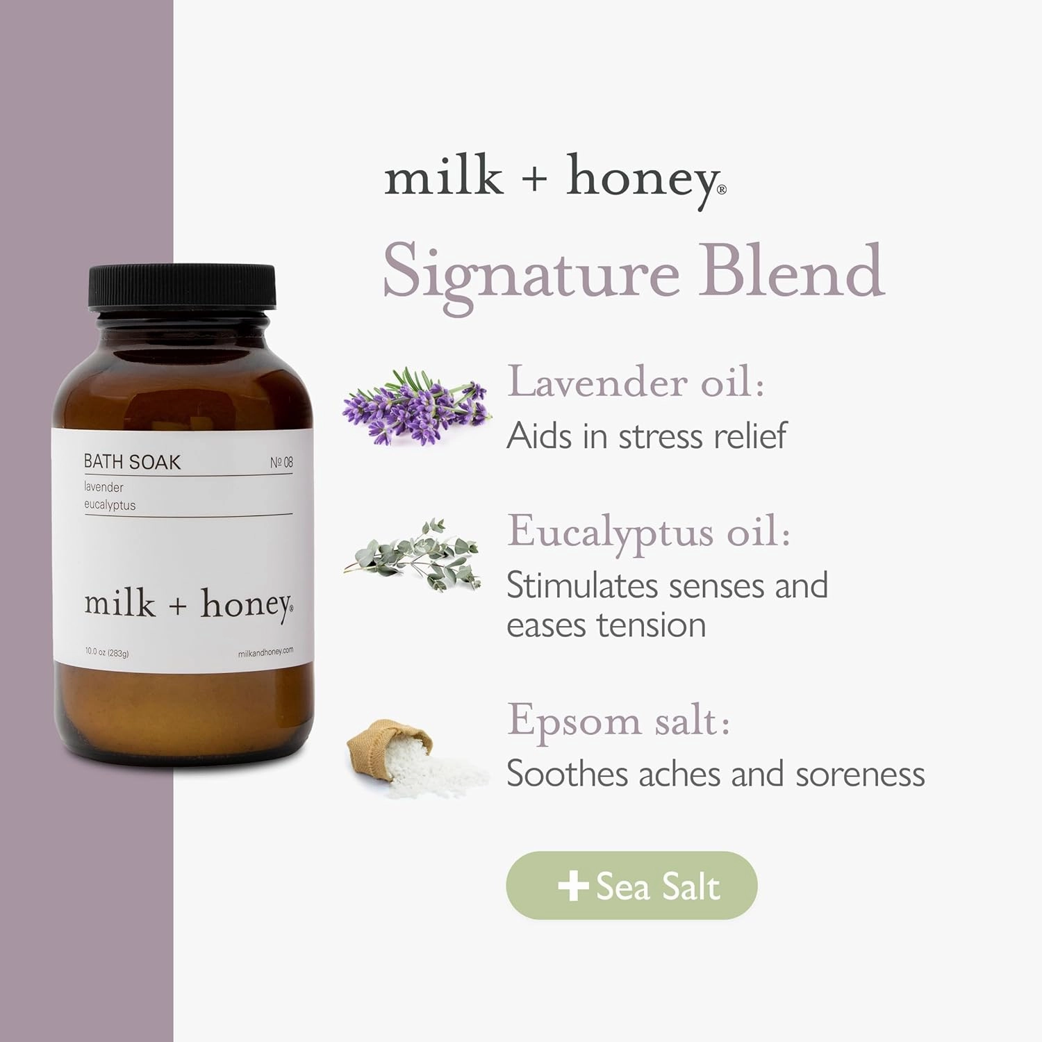 milk   honey No. 8 Calming Bath Soak – Moisturizing Epsom Salt with Lavender & Eucalyptus – Relaxing Aromatherapy Soak for Sore Muscles, Dry Skin & Stress Relief – 10 oz