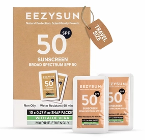 Mineral SPF 50 Mini Sunscreen Travel Size Snap Packets - Infused with Aloe Vera, Vegan & Reef-Safe, Broad Spectrum, Non-Oily & Natural with UVA/UVB Protection, 10 Packets x 0.27 FL OZ