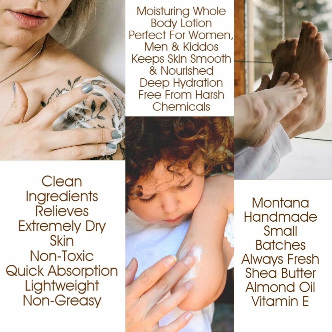 Montana Snow Lotion - Organic handmade hydrating daily moisturizing lotion for extremely dry skin, Shea body lotion, 100% natural non toxic body lotion, Vit E and aloe vera 8oz (Big Sky Snow)
