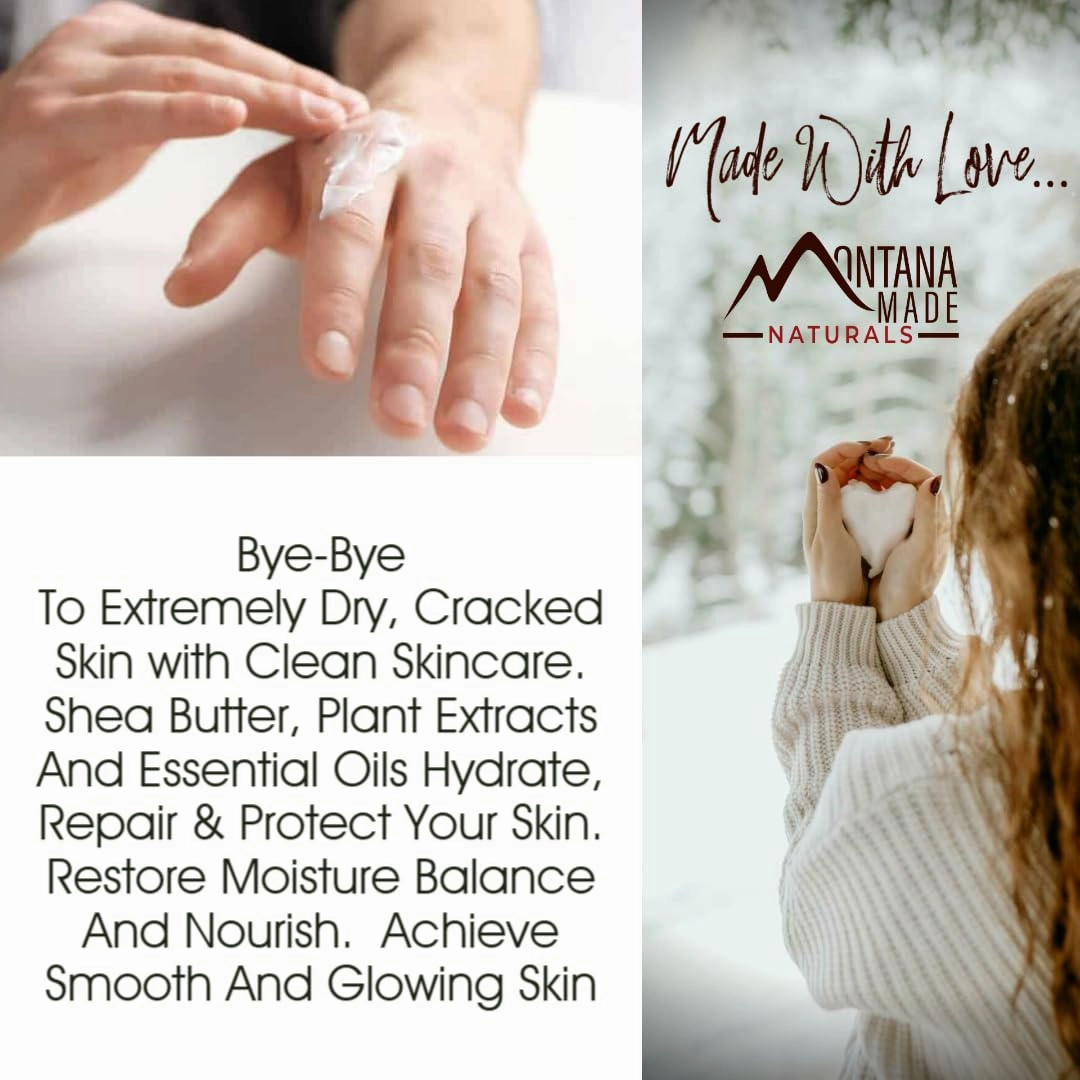 Montana Snow Lotion - Organic handmade hydrating daily moisturizing lotion for extremely dry skin, Shea body lotion, 100% natural non toxic body lotion, Vit E and aloe vera 8oz (Big Sky Snow)