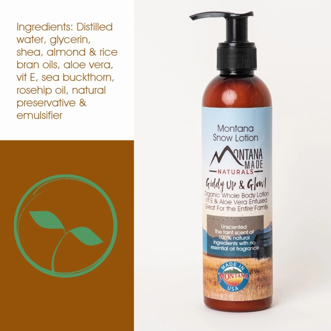 Montana Snow Lotion - Organic handmade hydrating daily moisturizing lotion for extremely dry skin, Shea body lotion, 100% natural non toxic body lotion, Vit E and aloe vera 8oz (Big Sky Snow)