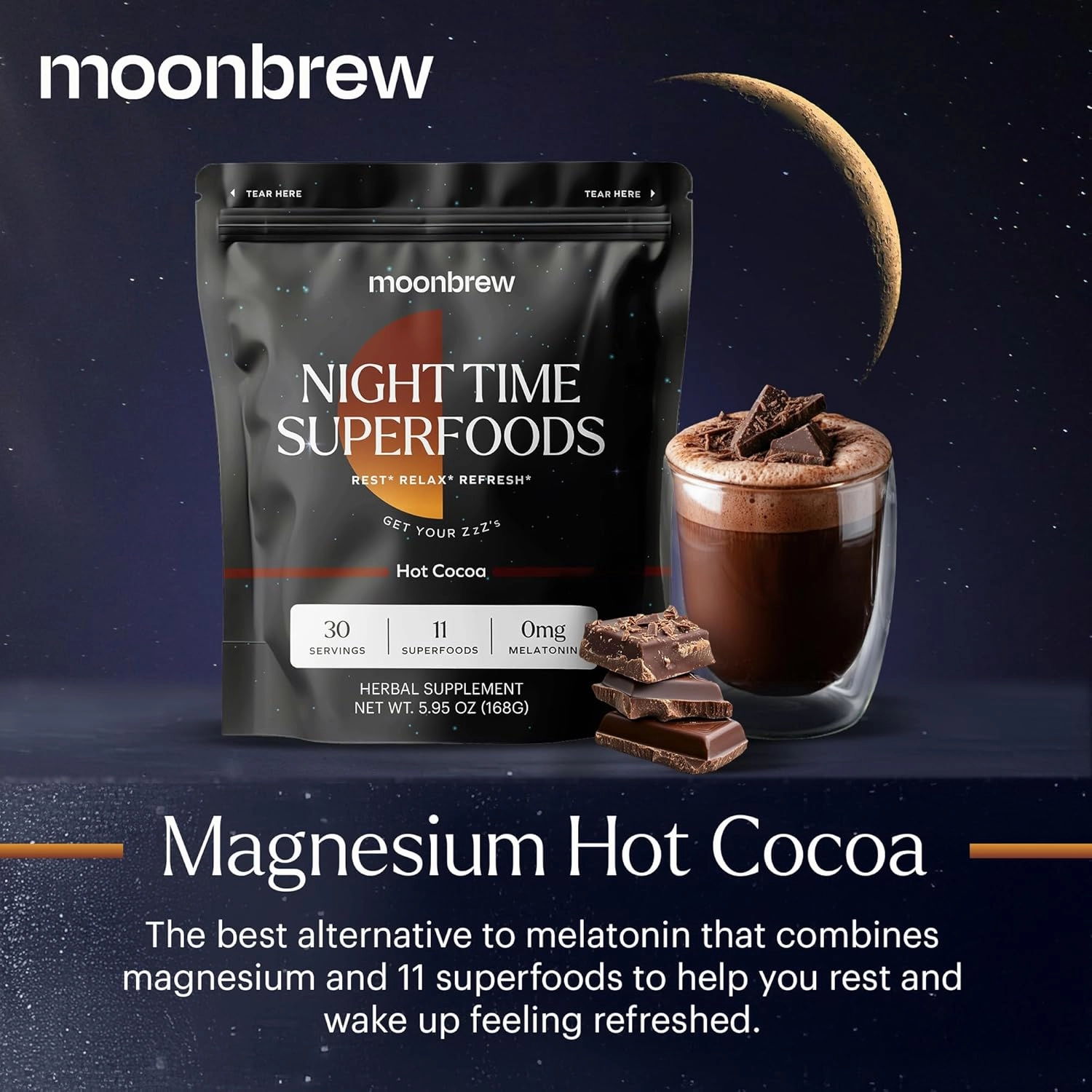 MoonBrew Nighttime Magnesium Hot Cocoa, Natural Sleep Aid Drink Mix for Adults - Calming Melatonin-Free Sleep Support - Sleepy Hot Chocolate Powder with L-Theanine, Chamomile & Zinc Glycinate