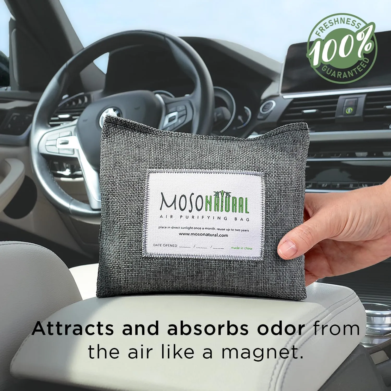 Moso Natural Car Air Freshener and Deodorizer | Long Lasting Bamboo Charcoal Odor Absorber | Non Toxic Odor Eliminator for Cars | Scent Free Air Purifying Bag