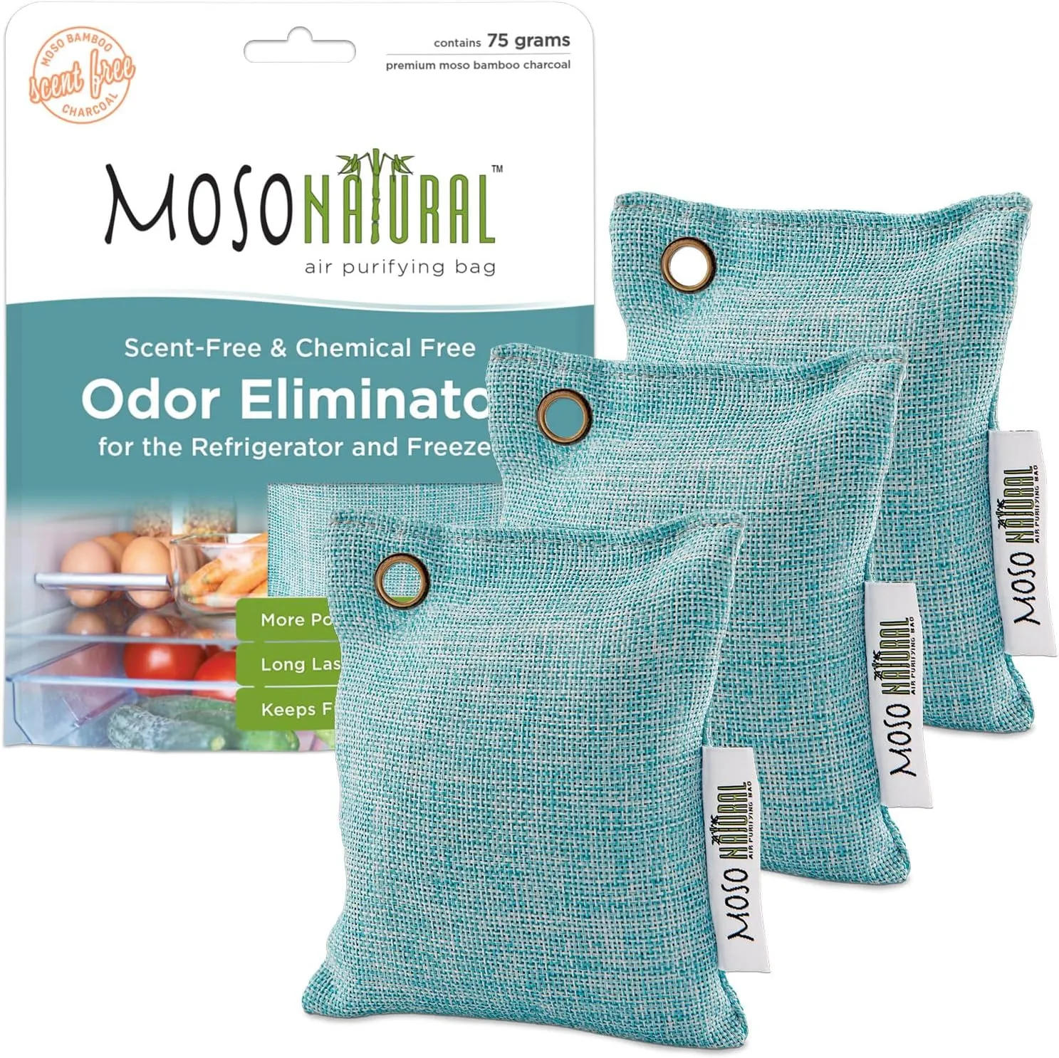 Moso Natural Fridge Deodorizer Odor Eliminator, Bamboo Charcoal Refrigerator & Freezer Air Purifying Bag, More Powerful than Baking Soda Fridge Odor Absorber (3 Pack)