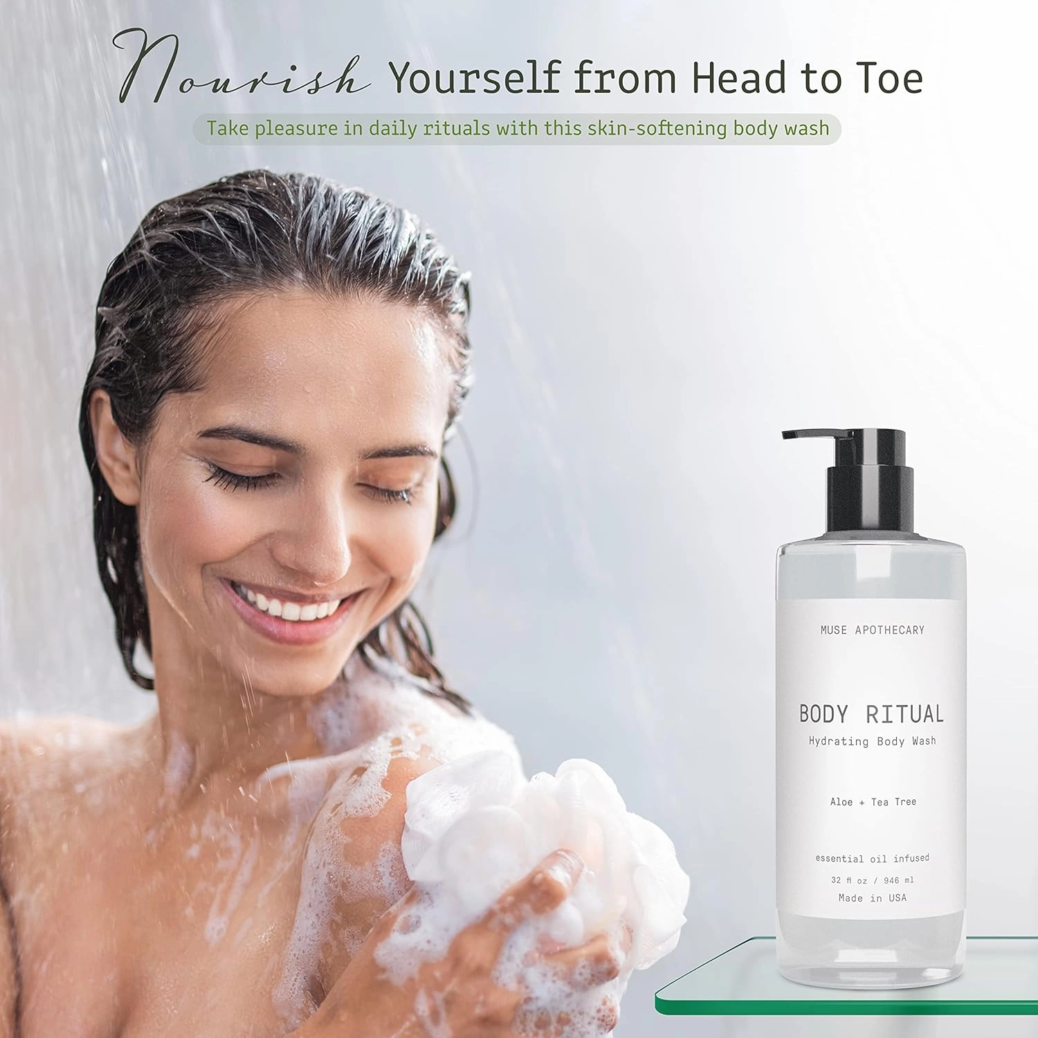 Muse Apothecary Body Ritual Hydrating - Aloe Tea Tree Body Wash for Women & Men - Essential Oil Infused Aromatherapy Body Wash - 32 Ounce