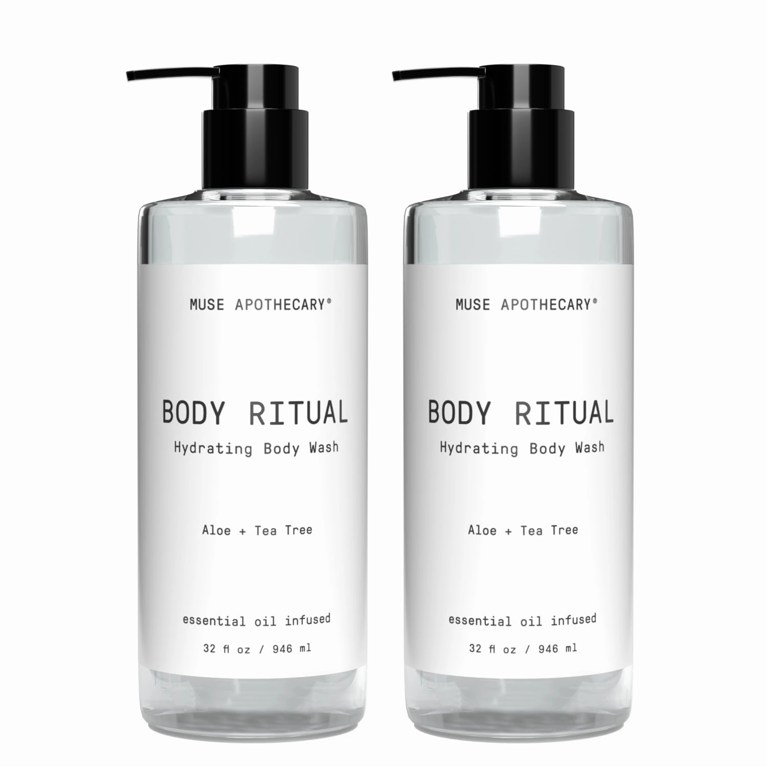 Muse Apothecary Body Ritual Hydrating - Aloe Tea Tree Body Wash for Women & Men - Essential Oil Infused Aromatherapy Body Wash - 32 Ounce, 2 Pack
