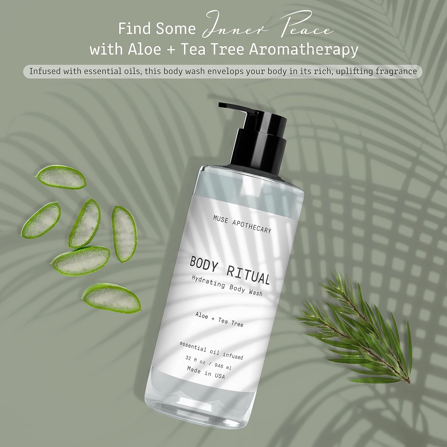 Muse Apothecary Body Ritual Hydrating - Aloe Tea Tree Body Wash for Women & Men - Essential Oil Infused Aromatherapy Body Wash - 32 Ounce