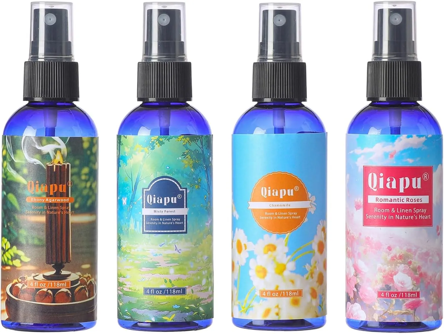 Natural Bedroom Linen Spray Scented Room Mist with Plant Extracts Long Lasting Freshness for Sheets, Pillows & Curtains –Ebony Agarwood   Misty Forest   Chamomile   Romantic Rose 4oz（4 Bottle）