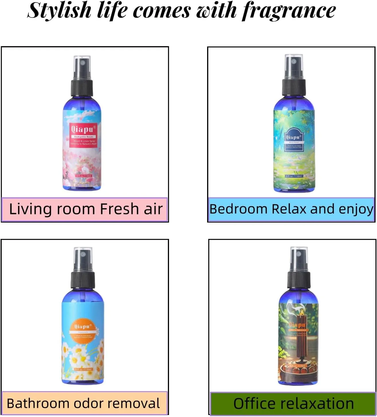 Natural Bedroom Linen Spray Scented Room Mist with Plant Extracts Long Lasting Freshness for Sheets, Pillows & Curtains –Ebony Agarwood   Misty Forest   Chamomile   Romantic Rose 4oz（4 Bottle）