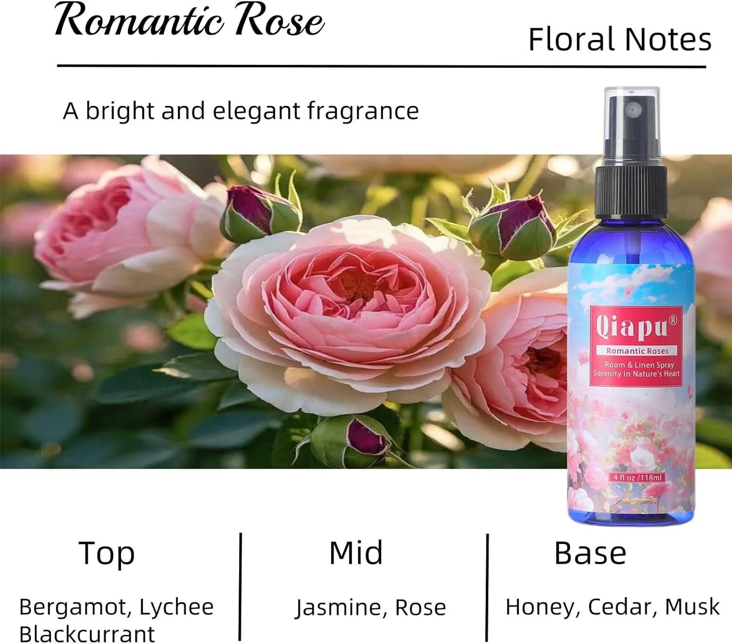 Natural Bedroom Linen Spray Scented Room Mist with Plant Extracts Long Lasting Freshness for Sheets, Pillows & Curtains –Ebony Agarwood   Misty Forest   Chamomile   Romantic Rose 4oz（4 Bottle）