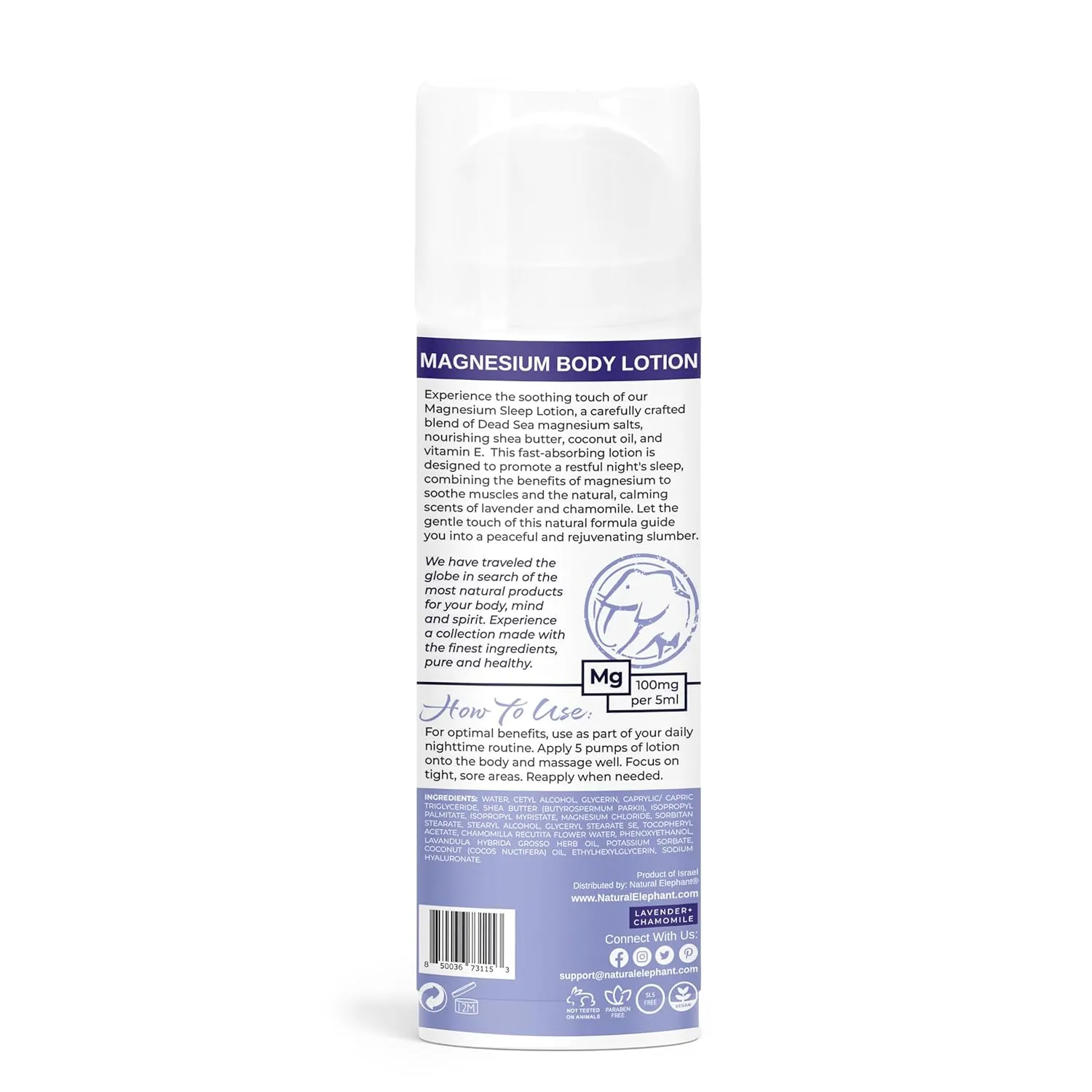 Natural Elephant Dead Sea Magnesium Nighttime Body Lotion with Lavender & Chamomile | Nourishing & Moisturizing 5 oz (150 ml)