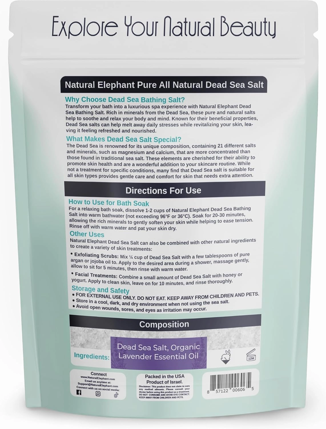 Natural Elephant Dead Sea Lavender Bath Salt Bathing and Foot Soak for Relaxing and Nourishing- 100% Pure with Organic Lavender Essential Oil - Medium Coarse Grain (10 lb (160 oz) Bag)