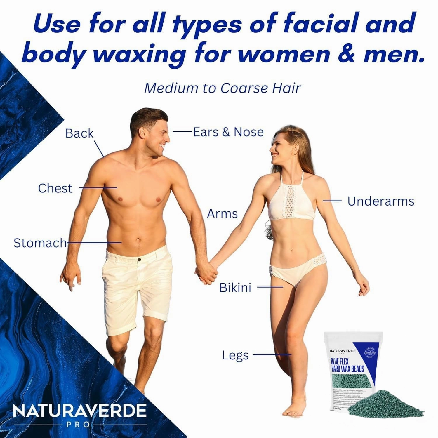 NaturaverdePro Blue Flex Hard Wax Beads, Body and Facial Hair Removal, Brazilian Bikini Wax for Women with Calming Chamomile - 2.2 lbs