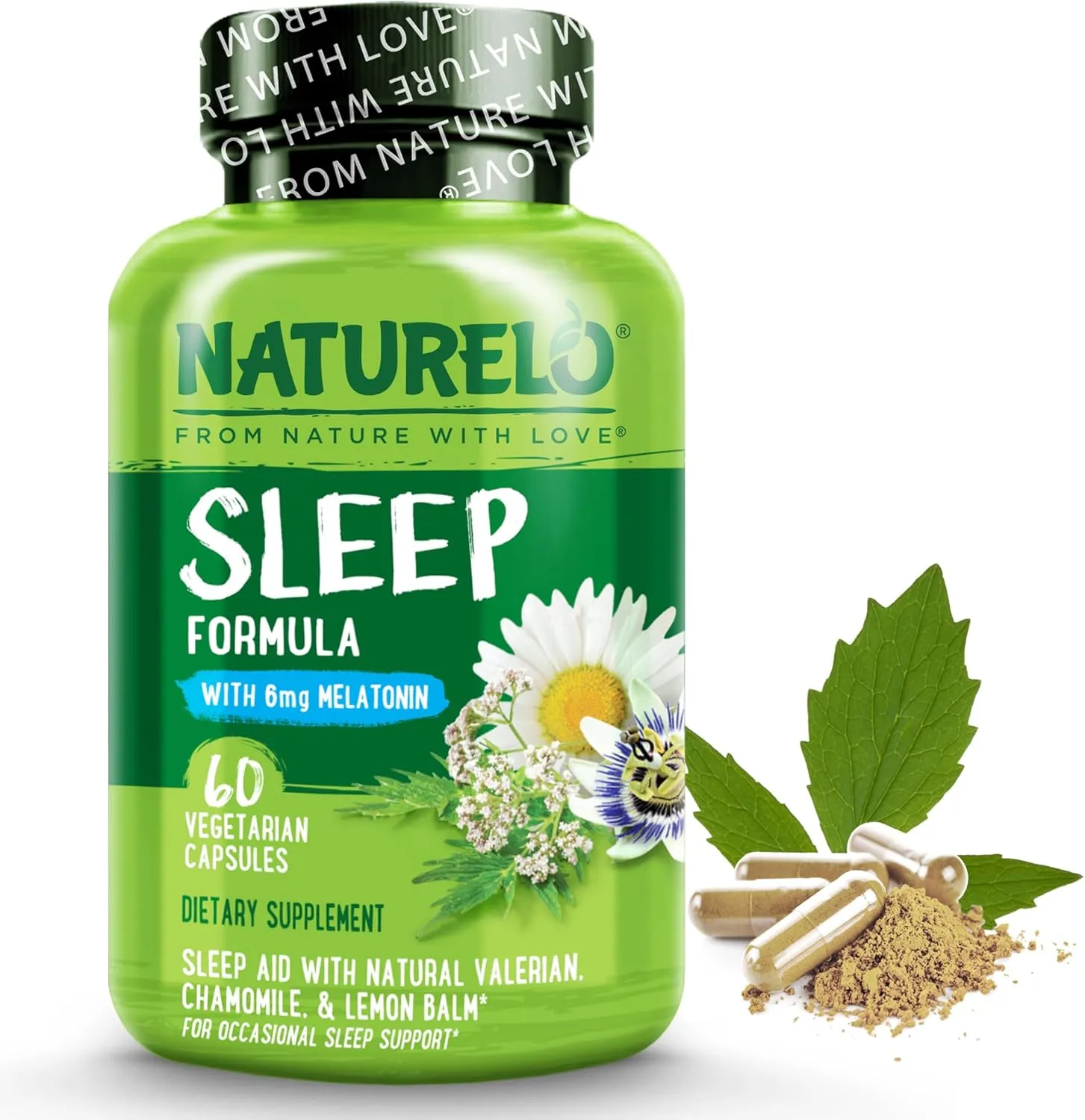 NATURELO Sleep Aid - with Melatonin, Magnesium, GABA, Valerian Root, Lemon Balm, Chamomile Herbal Extracts - Plant-Based Sleeping Aid - 60 Vegan Capsules