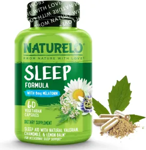 NATURELO Sleep Aid - with Melatonin, Magnesium, GABA, Valerian Root, Lemon Balm, Chamomile Herbal Extracts - Plant-Based Sleeping Aid - 60 Vegan Capsules