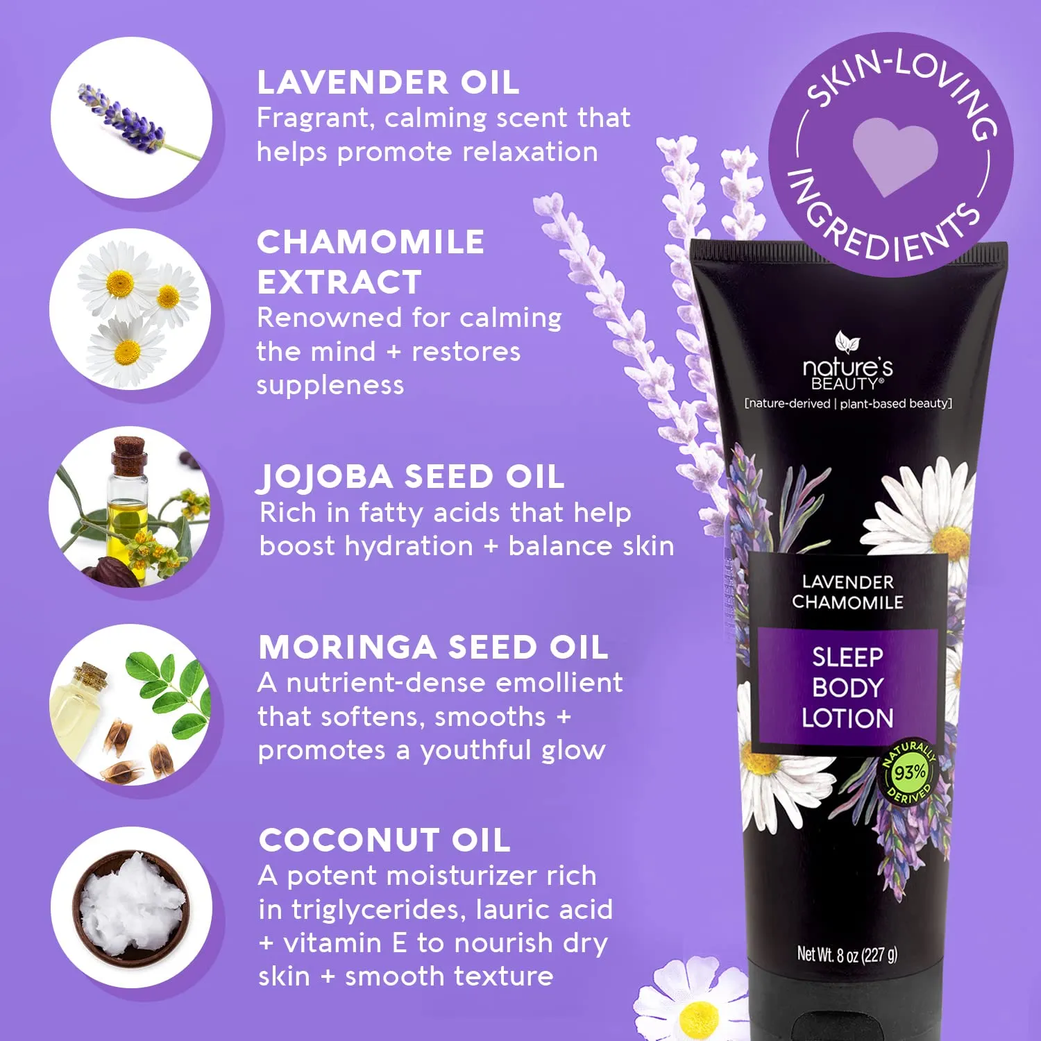 Nature's Beauty Lavender Chamomile Sleep Body Lotion Multi-Pack - Lightweight, Non-Greasy Moisturizer to Sooth & Relax Dry Skin, Made w/Coconut, Jojoba   Moringa Seed Oils, 8 oz (2 Pack)