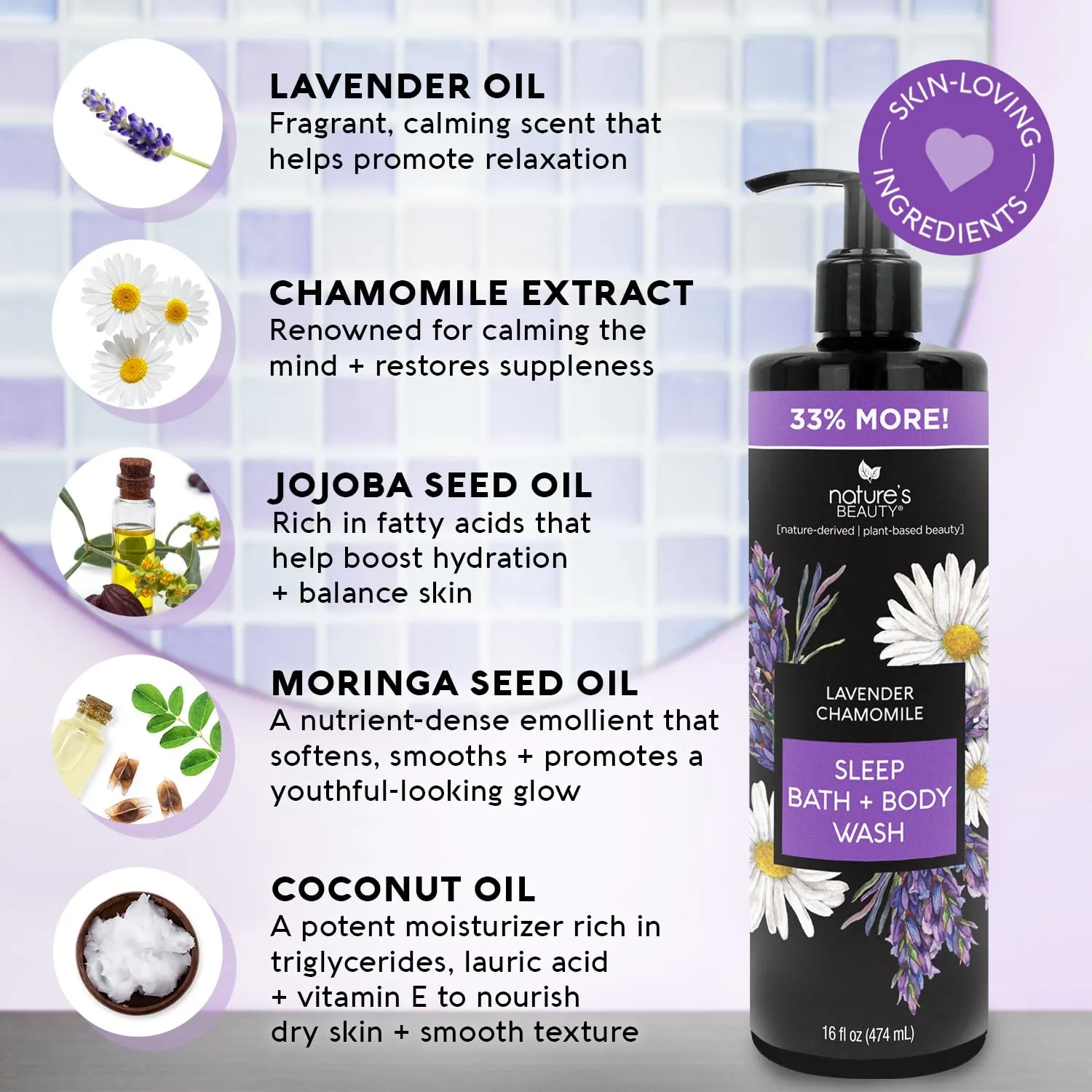 Nature's Beauty Lavender Chamomile Sleep Body Wash for Women Multi-Pack- Gentle Bath   Body Cleanser, Sooth and Calm Combination to Dry Skin Made w/Coconut, Jojoba   Moringa Seed Oils 16floz (2 Pack)