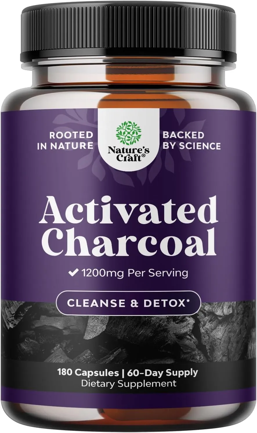Natures Craft Activated Charcoal Pills Detox & Cleanse - Purifying Coconut Capsules with 1200 mg Per Serving for Bloating Relief - Active Detox Supplement for Body & Gut Health -180 Count