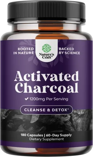 Natures Craft Activated Charcoal Pills Detox & Cleanse - Purifying Coconut Capsules with 1200 mg Per Serving for Bloating Relief - Active Detox Supplement for Body & Gut Health -180 Count