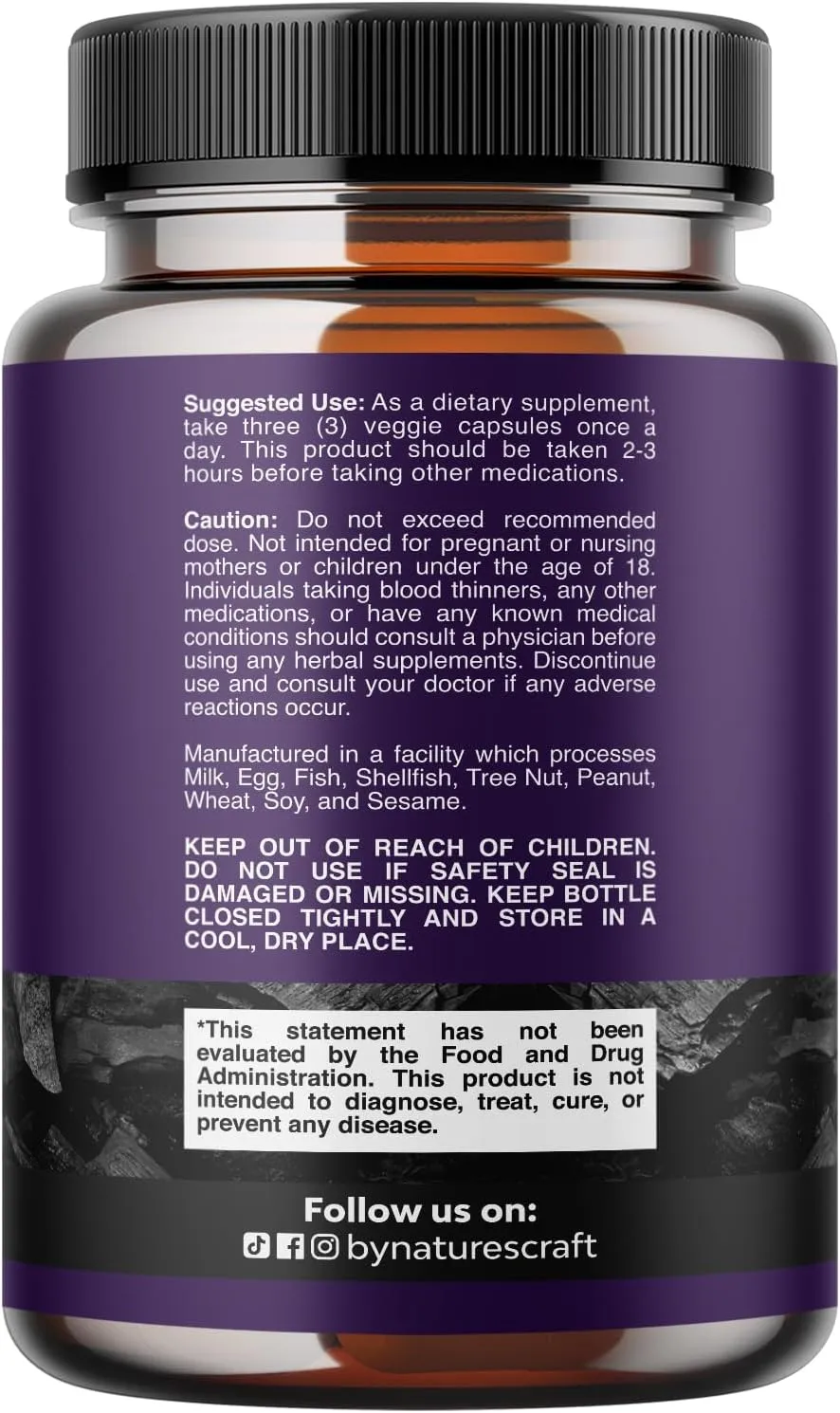 Natures Craft Activated Charcoal Pills Detox & Cleanse - Purifying Coconut Capsules with 1200 mg Per Serving for Bloating Relief - Active Detox Supplement for Body & Gut Health -180 Count